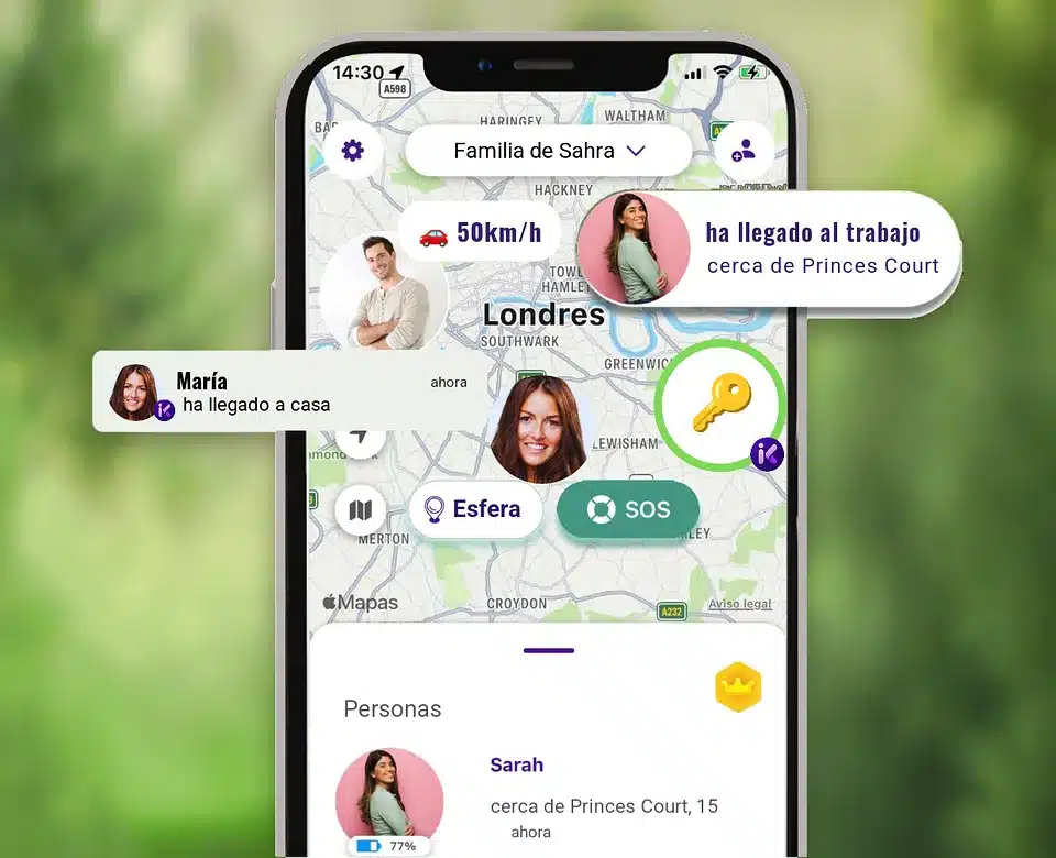 App inthesk mostrando a la familia en el mapa en tiempo real