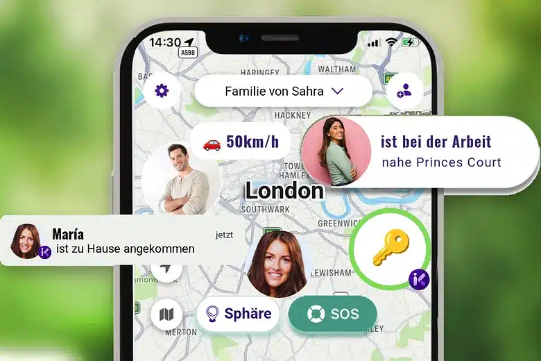 inthesk-App auf dem Handy mit den sicheren Orten der Familie auf der Karte