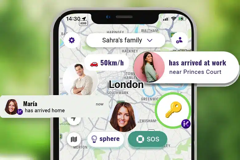 inthesk app on a phone showing the family’s safe places on the map