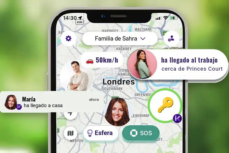 App inthesk en el móvil mostrando lugares seguros de la familia en el mapa