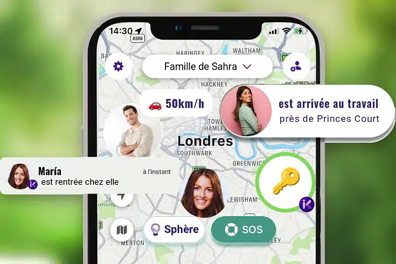 Application inthesk sur mobile affichant les lieux sûrs de la famille sur la carte