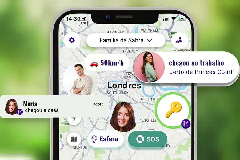 App inthesk no telemóvel a mostrar os lugares seguros da família no mapa
