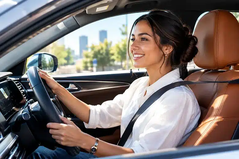 Mujer sonriente conduciendo con el cinturón puesto