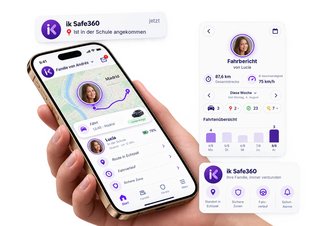 ik Safe360 App: Standort in Echtzeit, Fahrbericht und Ankunftsmeldungen