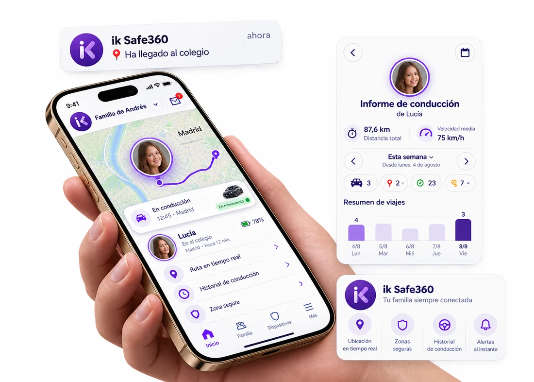 App ik Safe360: ubicación en tiempo real, informe de conducción y alertas de llegada